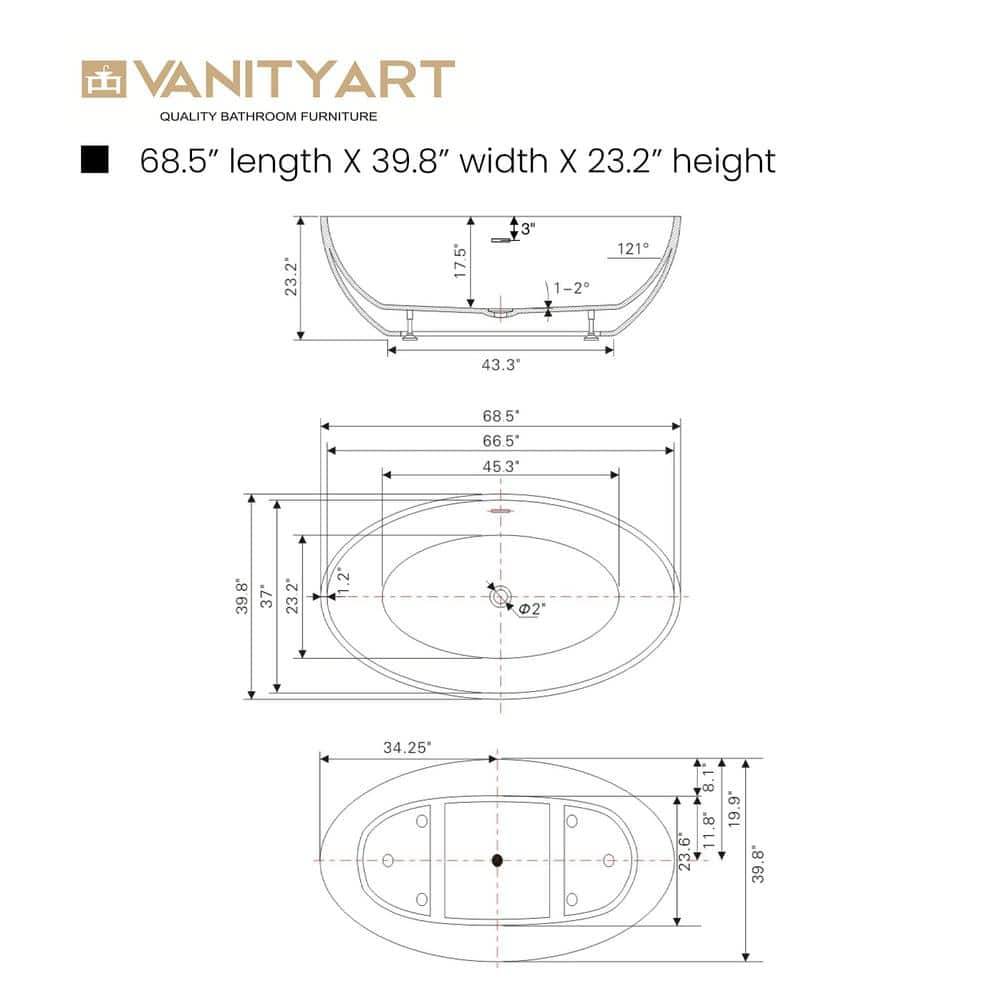 68.5" White Acrylic Freestanding Soaking Bathtub