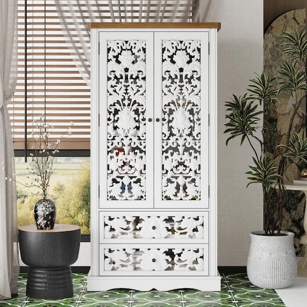 White Finish 66.1 in. Accent Storage Cabinet with 5 Shelves, Decorative Carved Doors, 2 Drawers, Anti-Tip Kit