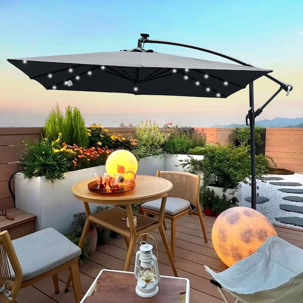 Unbranded 8.2 ft. Square Steel Market Solar LED Lighted Tilt Patio Umbrella in Anthracite with Crank and Cross Base