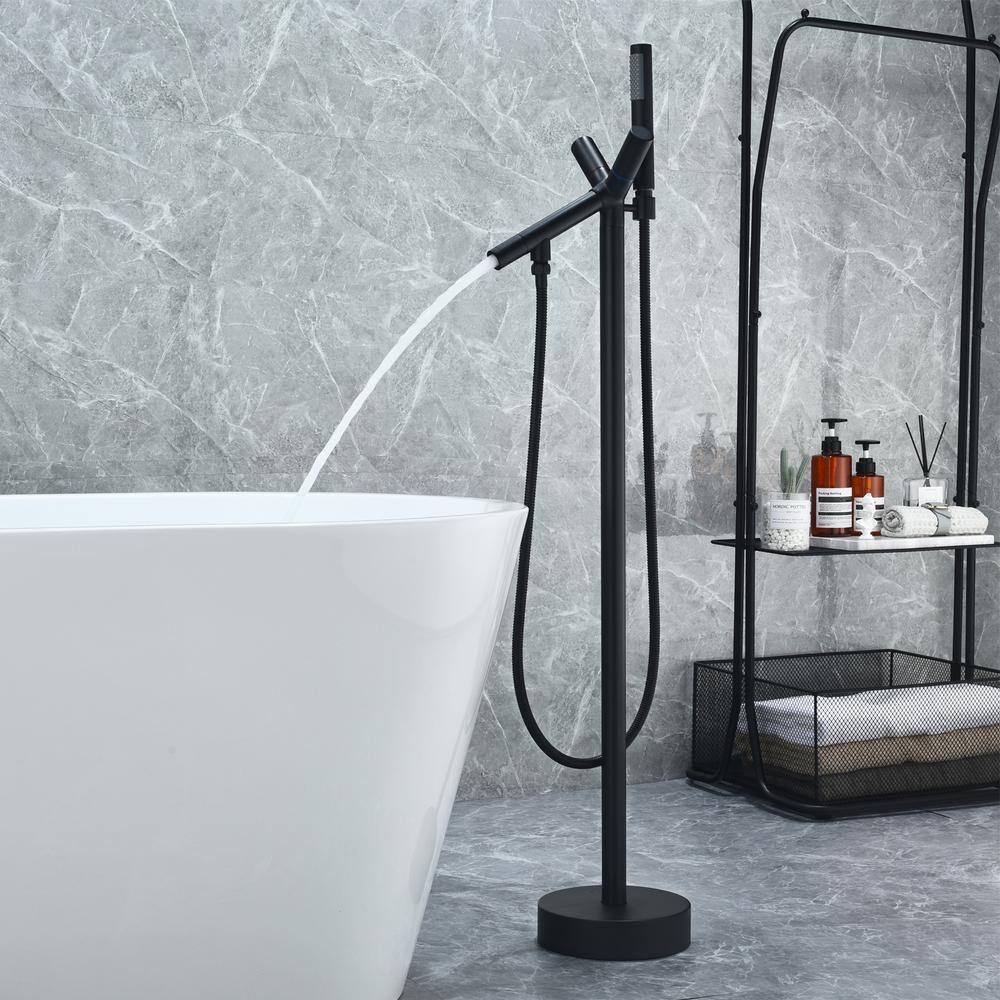 Matte Black Freestanding Floor Mounted Tub Filler with Handshower