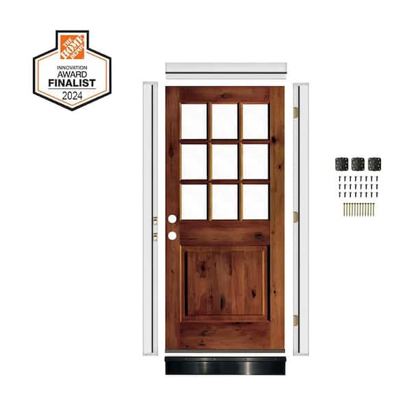 DIY RTA KIT 36in.x80in. Right-Hand/Inswing 9-Lite Clear Glass Red Chestnut Stain Alder Wood Ready To Assemble Front Door