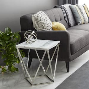 18 in. Silver Large Square Marble End Accent Table with Marble Top