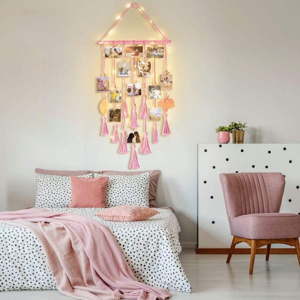 42.5 in. x 16.9 in. Pink Macrame Photo Display with Lights-Cotton Boho Wall Decor for Teen Girls, 30 Clips