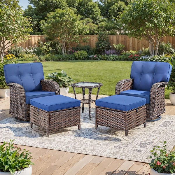 Brynn Rattan Brown 5-Piece Outdoor Patio Conversation Set with Blue Cushions, 2 Swivel Sofas, 2 Ottomans, 1 Side Table