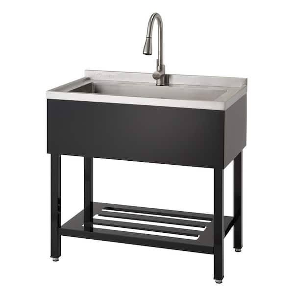 14 in. D x 30 in. W (Basin) Freestanding Laundry/Utility Sink in Stainless Steel and Black with Pull-Out Faucet