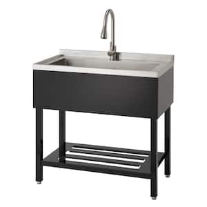 14 in. D x 30 in. W Freestanding Laundry/Utility Sink in Stainless Steel and Black with Pull-Out Faucet