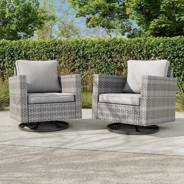 2-Piece Patio Sofa Set Gray Wicker Furniture Set Swivel Rocking Sofa Outdoor Rocking Chair with Linen Grey Cushion
