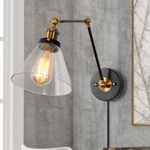 Industrial Black Wall Sconce 1-Light Hardwired & Plug-In Modern Swing Arm Brass Barn Wall Light with Clear Glass Shade