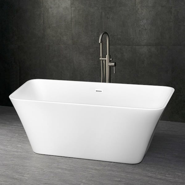 Dimakai 60 in. Acrylic Flatbottom Freestanding Soaking Non-Whirlpool Bathtub in White with Drain and Overflow