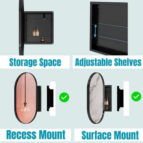 20 in. W x 34 in. H Oval Aluminum Medicine Cabinet with Mirror in Gold
