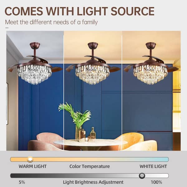 42 in. Indoor Brown Modern Crystal LED Ceiling Fan with Remote and Wall Control, 3 Retractable ABS Blades