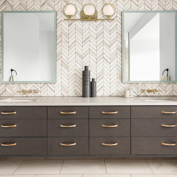 Designers Fountain - Teatro 23.75 in. 3-Light Brushed Gold Modern Vanity Light with Etched Opal Glass Shades and Accent Rings