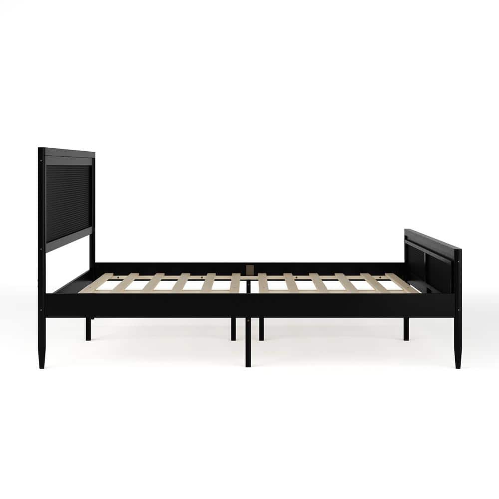 Black Queen Size Wood Platform Bed with Rattan Headboard and Footboard