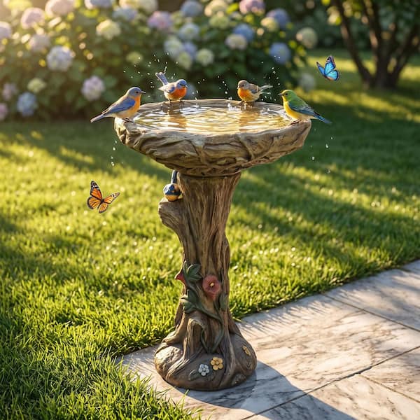 Concrete Outdoor Birdbaths -25.5 in. H Woodland Tree Trunk Yard Statue Decoration Birdbath Bird Figurines for Garden