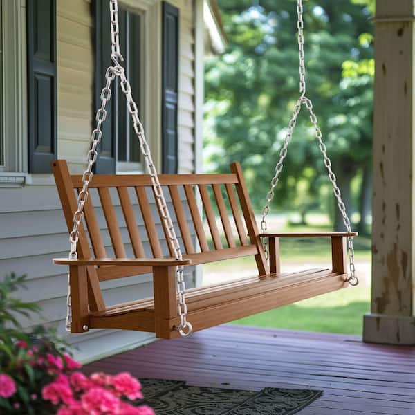 VEIKOUS 4 ft. Wood Color Outdoor Wooden Patio Porch Swing with Chains and Curved Bench