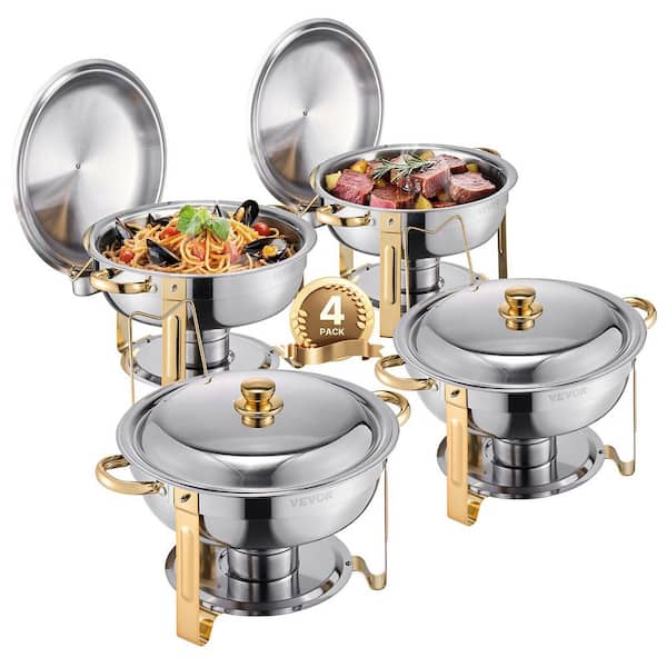 Chafing Dish Buffet Set, 5 Qt. 4 Pack, Silver Stainless Steel Dish Chafer with 4 Full Size Pans, Round Catering Warmer