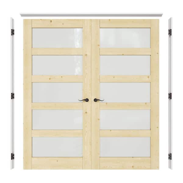 72 in. x 80 in. 5-Lite Frosted Glass Solid Core Unfinished Pine Wood Double French Door with Assemble Jamb