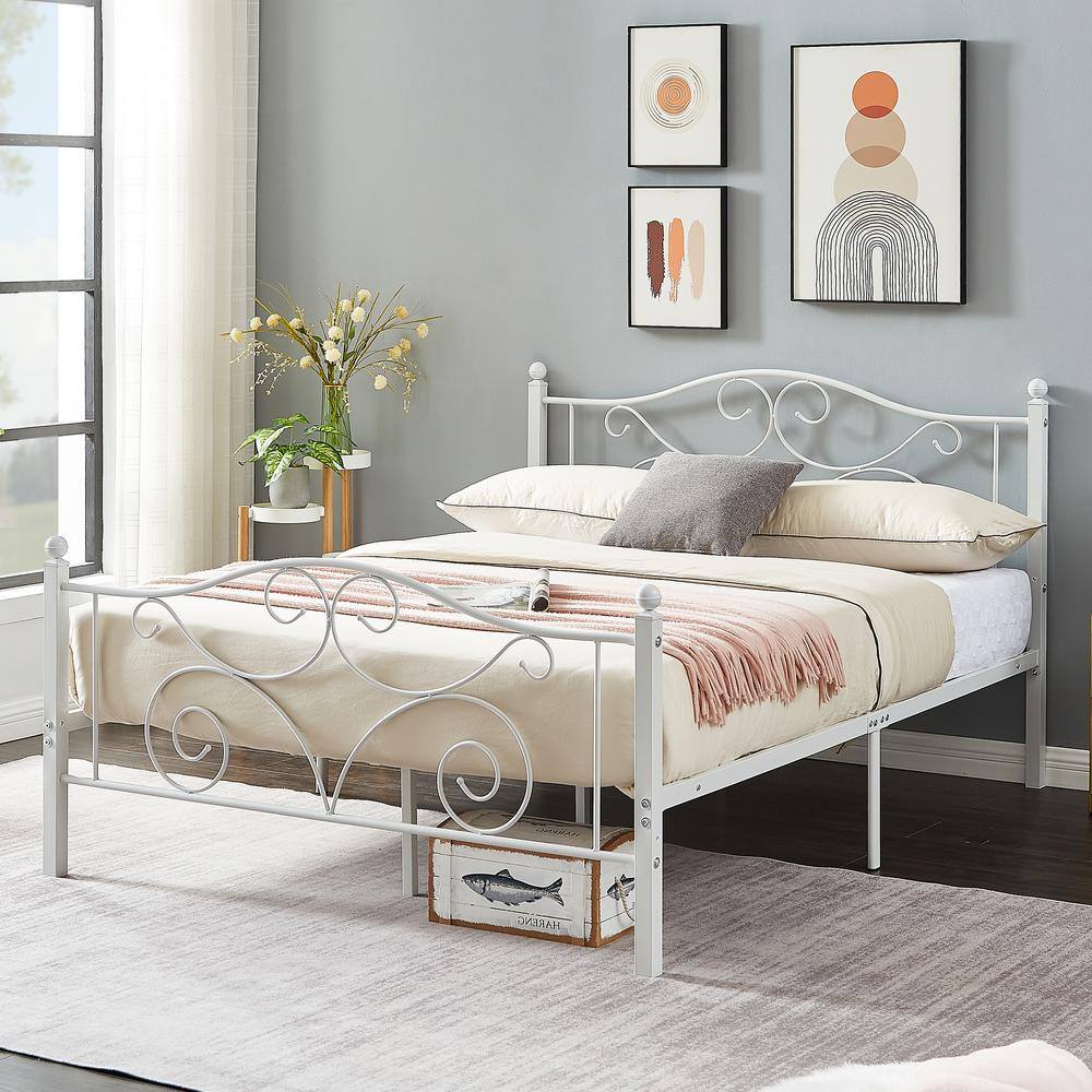Elegant White Metal Full Size Platform Bed Frame with Headboard
