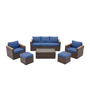 Brown Wicker 6-Piece Outdoor Patio Sectional Sofa Conversation Set with Light Blue Cushions 1 Side Table and 2 Ottomans