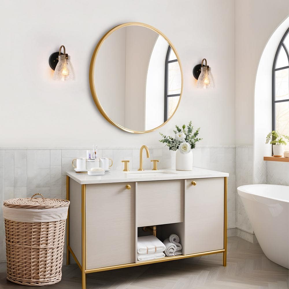 Matte Black and Gold Wall Sconce with Crackled Glass Shade