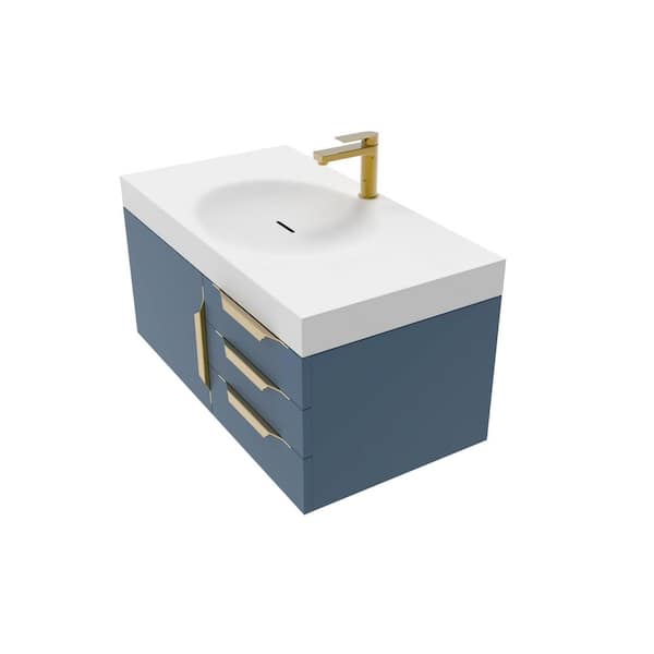 castellousa Thames 36 in. W x 19 in. D x 16.25 H Single Floating Bath Vanity in Matte Blue with Gold Trim with White Top