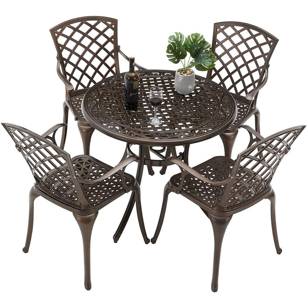 AECOJOY Bronze Finish Piece Cast Aluminum Round Outdoor Dining Set With In Umbrella Hole