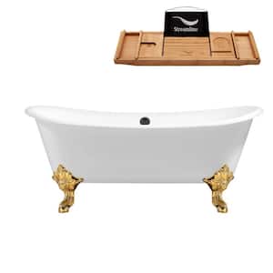 72 in. Cast Iron Clawfoot Non-Whirlpool Bathtub in Glossy White with Matte Black Drain and Polished Gold Clawfeet