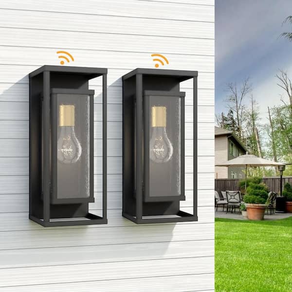 Montpelier 1-Light Black Hardwired 16 in. H Outdoor Sconce Dusk to Dawn Wall Lantern Sconce (Set of 2)