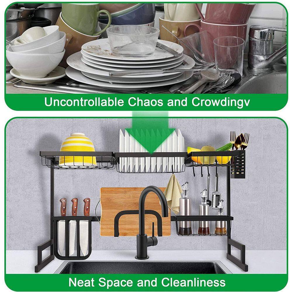 Black Stainless Steel Over-the-Sink Dish Drying Rack with Storage