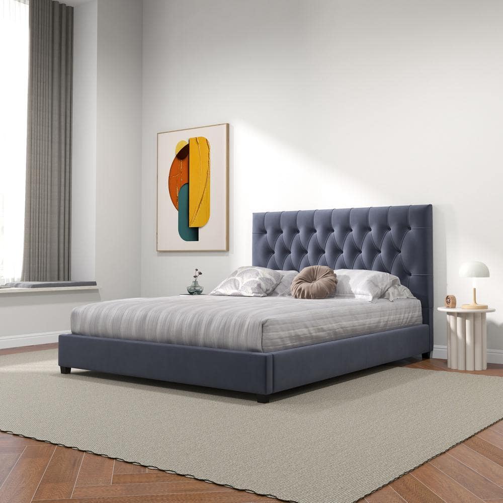 Gray Velvet Upholstered Queen Platform Bed with Tufted Headboard