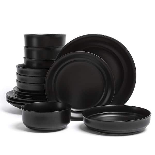 Rimmed 16-Piece Semi-Matte Black Hand-Finished Stoneware Dinnerware Set, Service for 4