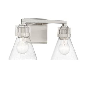 Chatham Square 14.5 in. 2-Light Brushed Nickel Vanity Light with Clear Seeded Glass Shade