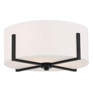 Malen 15.5 in. 2-Light Black Traditional Bedroom Flush Mount Ceiling Light with White Fabric Shade