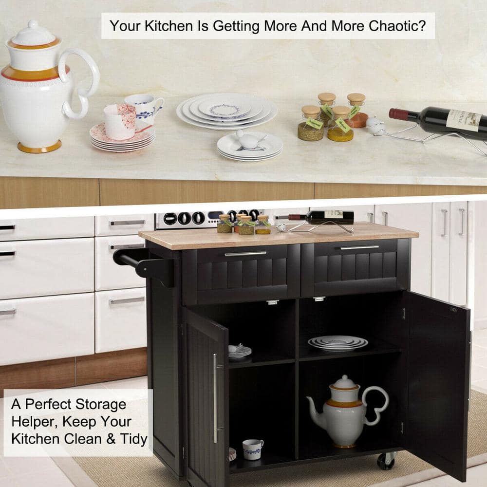 Brown Rubberwood Kitchen Cart with Storage and Casters