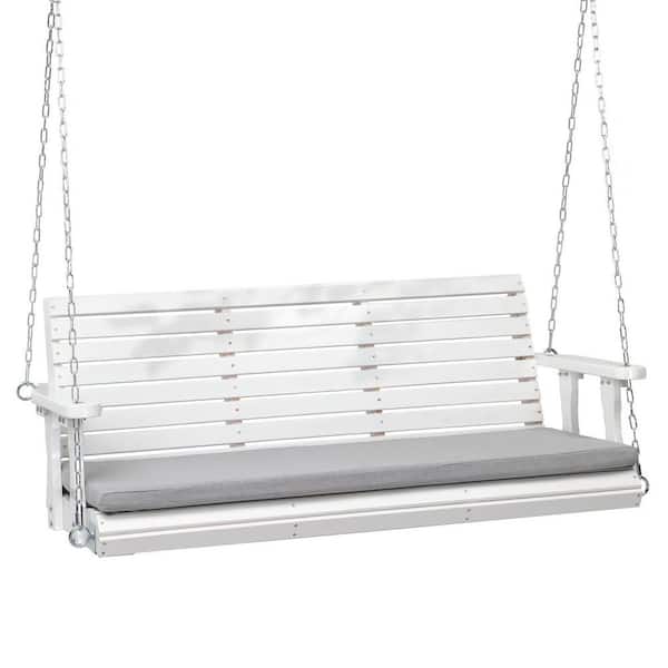 60 in. 3-Person White Wood Hanging Porch Swing with Cushion