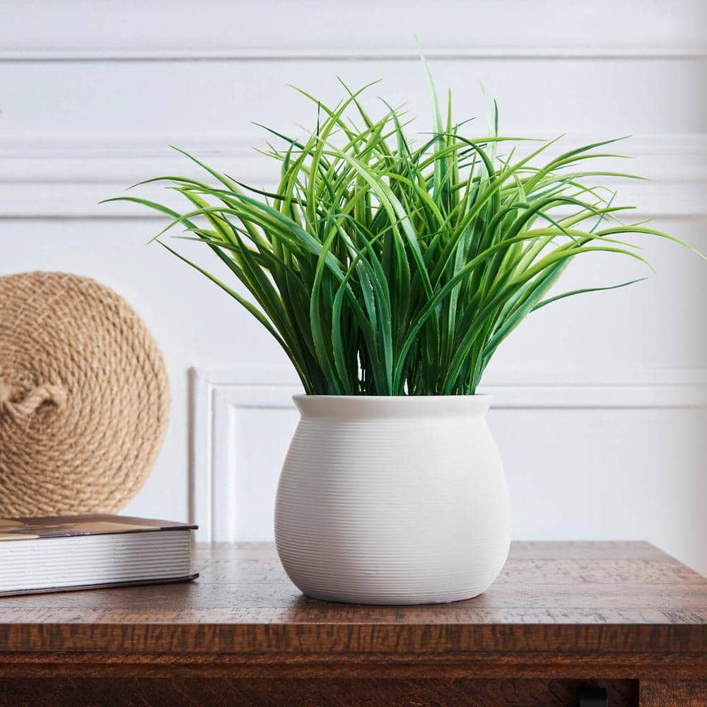 Desktop Artificial Grass In White Ceramic Pot