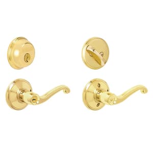 Bright Brass Single Cylinder Deadbolt with Flair Entry Door Knob Combo Packs