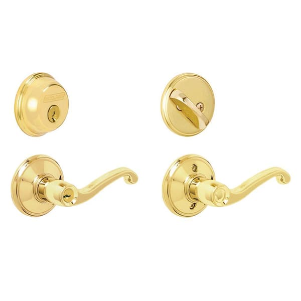 Schlage Flair Bright Brass Single Cylinder Deadbolt and Keyed Entry Door Handle Combo Pack