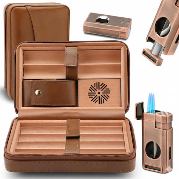 Unbranded 8.27 in. W x 7.99 in. H Brown Leather Cedar Wood Travel Cigar Humidor Case with 3-in-1 Lighter, Holder and Cutter