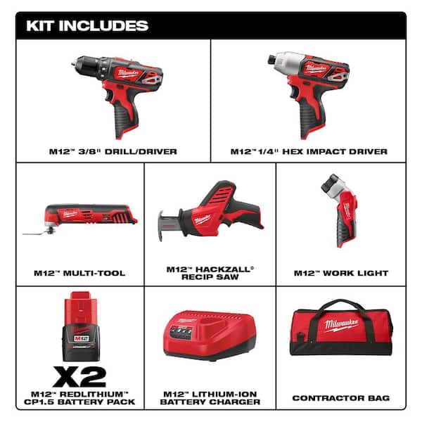 Milwaukee M12 12V Lithium-Ion Cordless Combo Kit (5-Tool) with M12 Compact  Bandsaw 2499-25-2529-20 The Home Depot