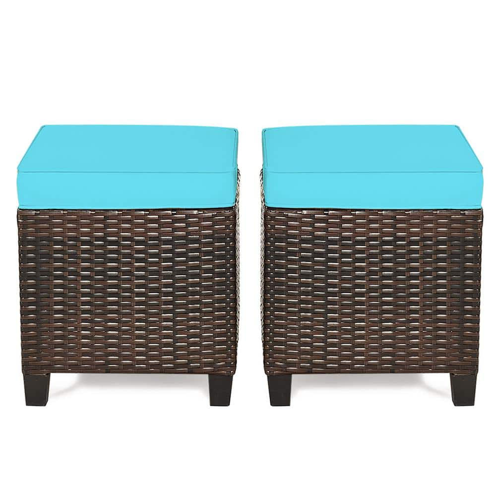 Gymax 2 Rattan Ottomans Turquoise Cushioned Seat Foot Rest Set Outdoor Garden Furniture