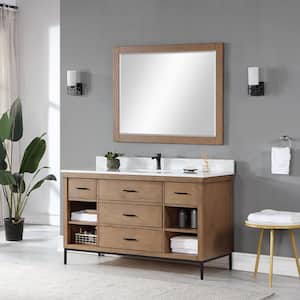 Kesia 60 in. W x 22 in. D x 34 in. H Single Sink Bath Vanity in Brown Pine with White Composite Stone Top and Mirror
