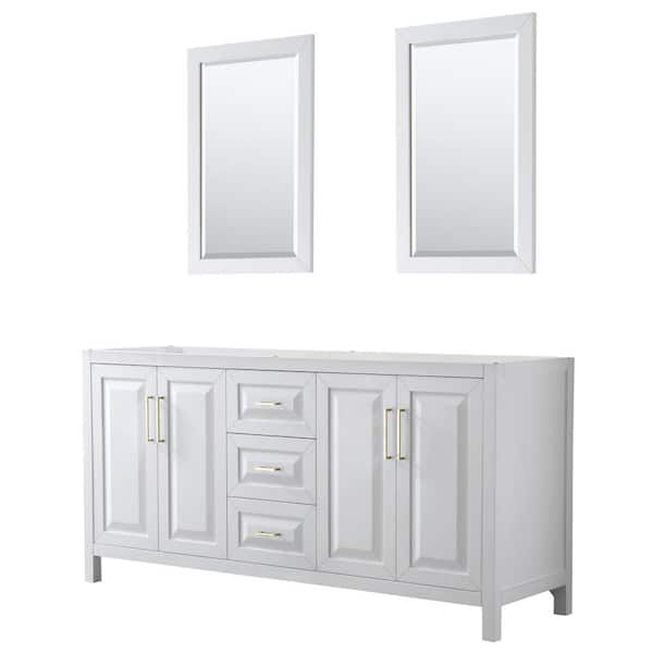 Wyndham Collection Daria 71 in. W x 21.5 in. D x 35 in. H Bath Vanity Cabinet without Top in White with Gold Trim and 24 in. Mirrors