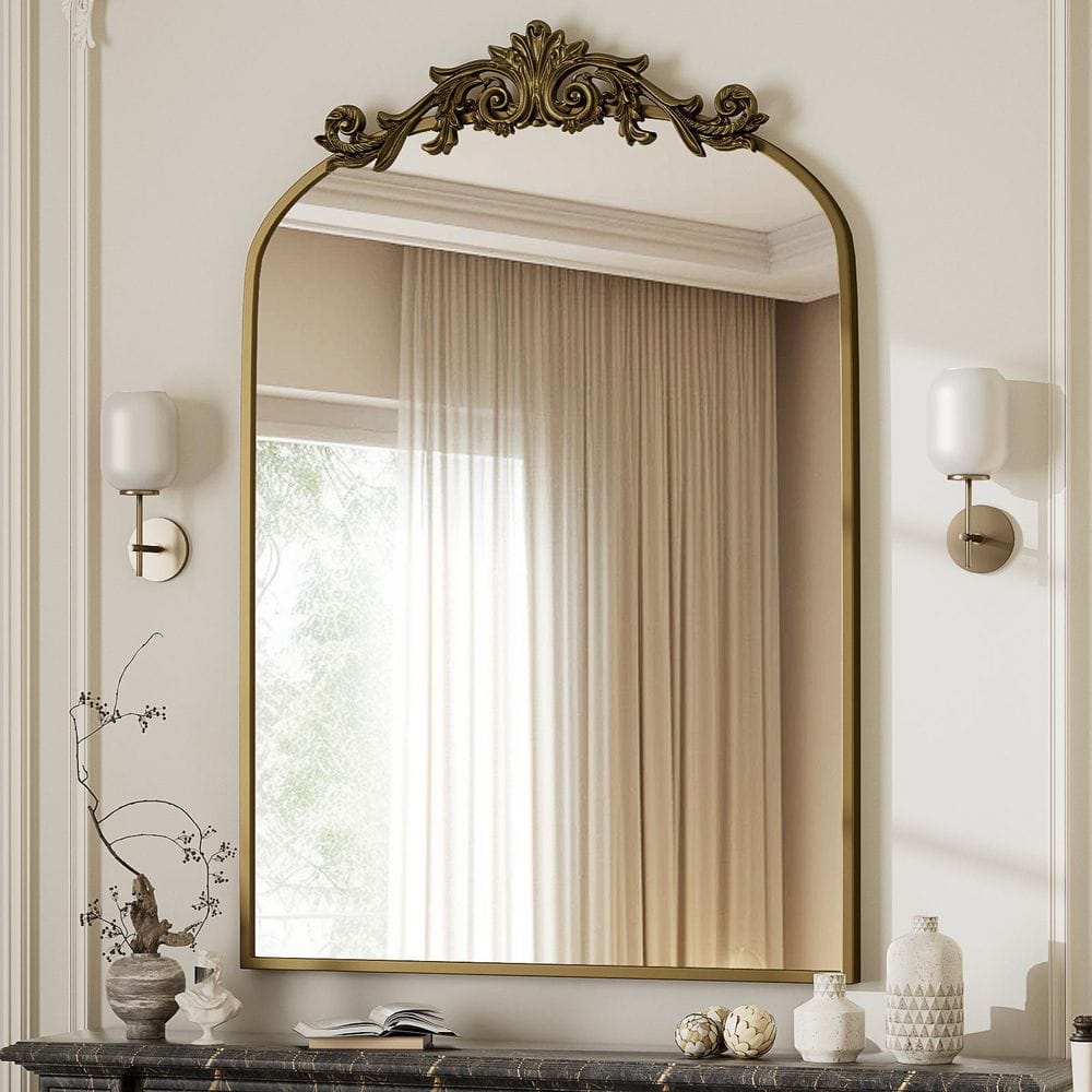 Elegant Arched Medium Brown Metal Framed Vanity Mirror