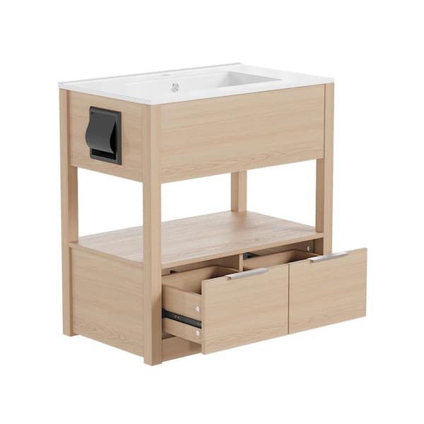 30 in. W x 18 in. D x 31 in. H Natural Wood Bath Vanity with White Ceramic Sink Top with Drawers with Tissue Holder