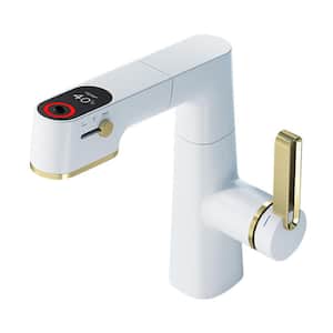 Single-Handle Single Hole Bathroom Faucet with LED Display and Pull Out Spray in White