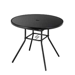 34 in. Round Metal Outdoor Dining Table in Black with Umbrella Pole Hole
