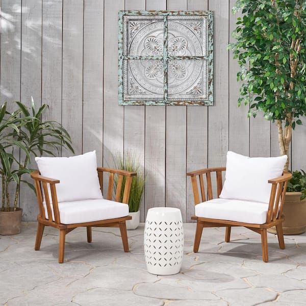 Noble House Polmer Teak Brown 3-Piece Wood Outdoor Patio Conversation Seating Set with White Cushions
