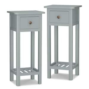 2PCS 14 in. W 2 Tier End Bedside Sofa Side Table with Drawer Shelf Acacia Wood Nightstand Grey