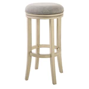 Victoria 31 in. Distressed Ivory Backless Wood Swivel Bar Stool with Upholstered Gray Seat, 1-Stool